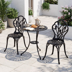 3-Piece Cast Aluminum Bistro Set Patio All-Weather Table and Chairs with Umbrella Hole-Black