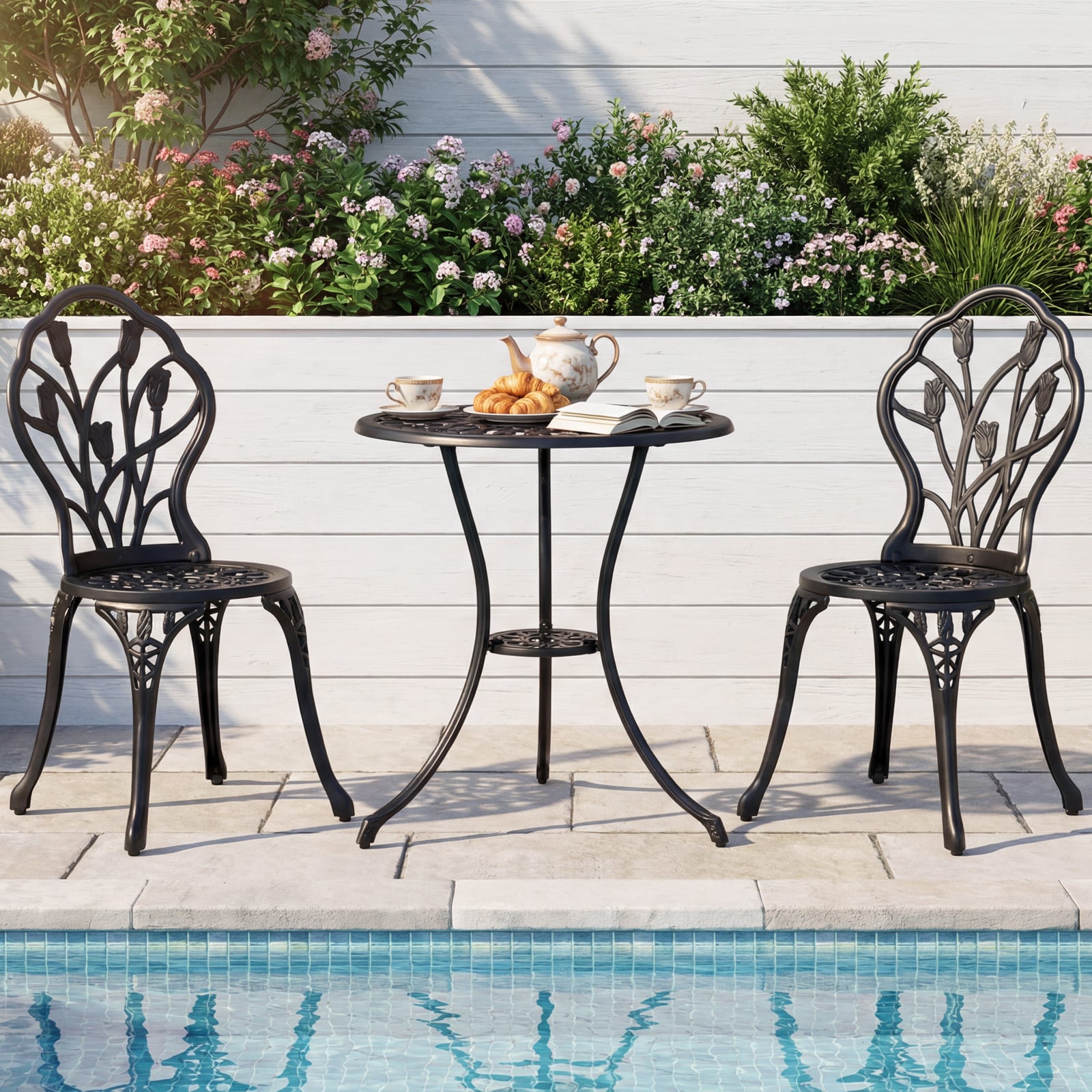 3-Piece Cast Aluminum Bistro Set Patio All-Weather Table and Chairs with Umbrella Hole-Black