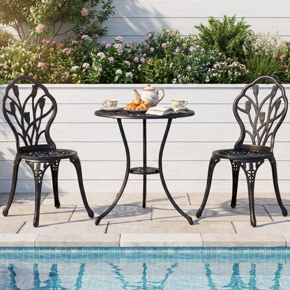 3-Piece Cast Aluminum Bistro Set Patio All-Weather Table and Chairs with Umbrella Hole-Black