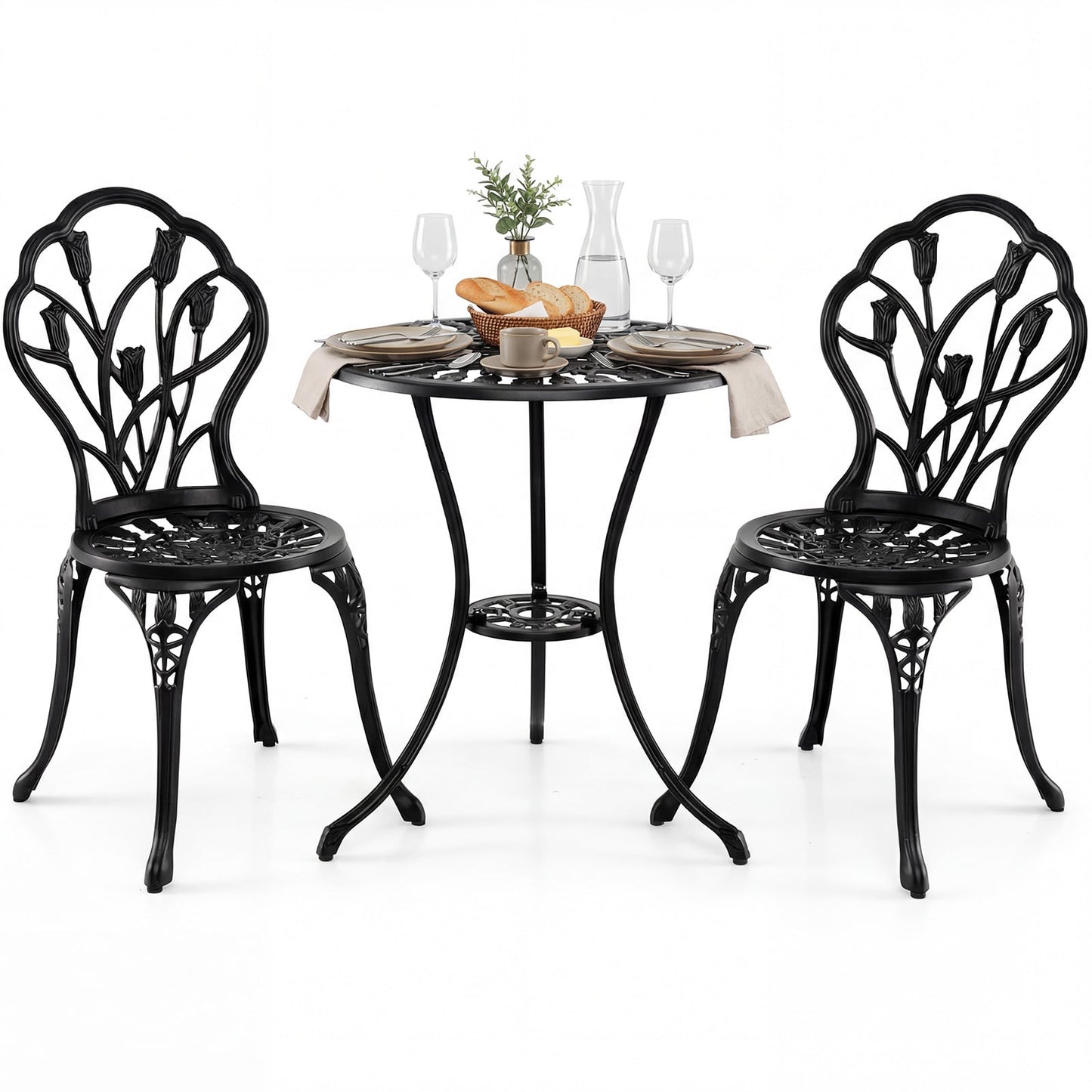 3-Piece Cast Aluminum Bistro Set Patio All-Weather Table and Chairs with Umbrella Hole-Black