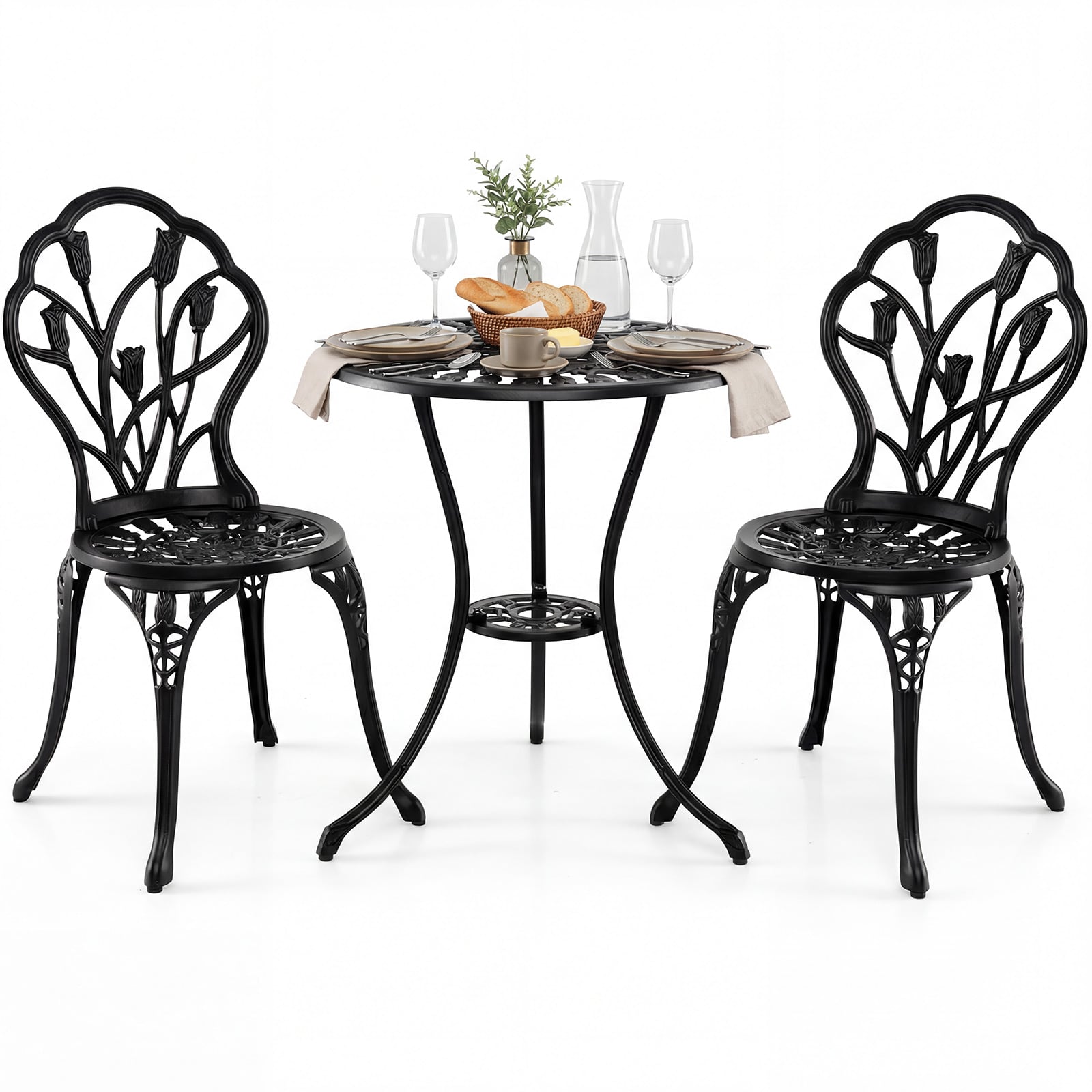 3-Piece Cast Aluminum Bistro Set Patio All-Weather Table and Chairs with Umbrella Hole-Black