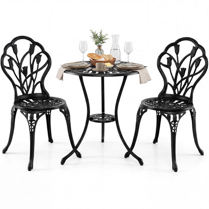 3-Piece Cast Aluminum Bistro Set Patio All-Weather Table and Chairs with Umbrella Hole-Black