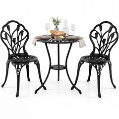 3-Piece Cast Aluminum Bistro Set Patio All-Weather Table and Chairs with Umbrella Hole-Black