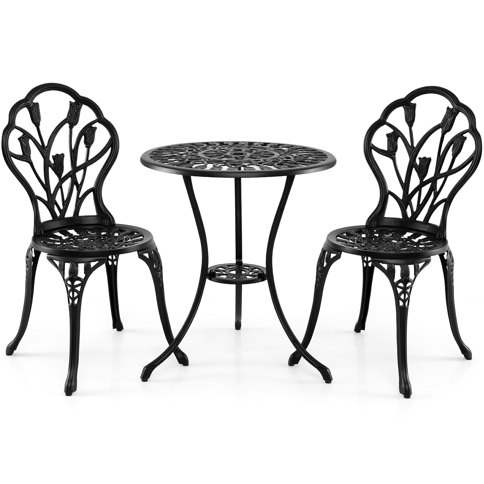3-Piece Cast Aluminum Bistro Set Patio All-Weather Table and Chairs with Umbrella Hole-Black
