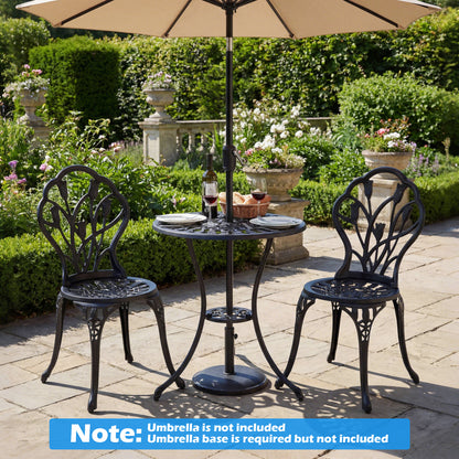 3-Piece Cast Aluminum Bistro Set Patio All-Weather Table and Chairs with Umbrella Hole-Black