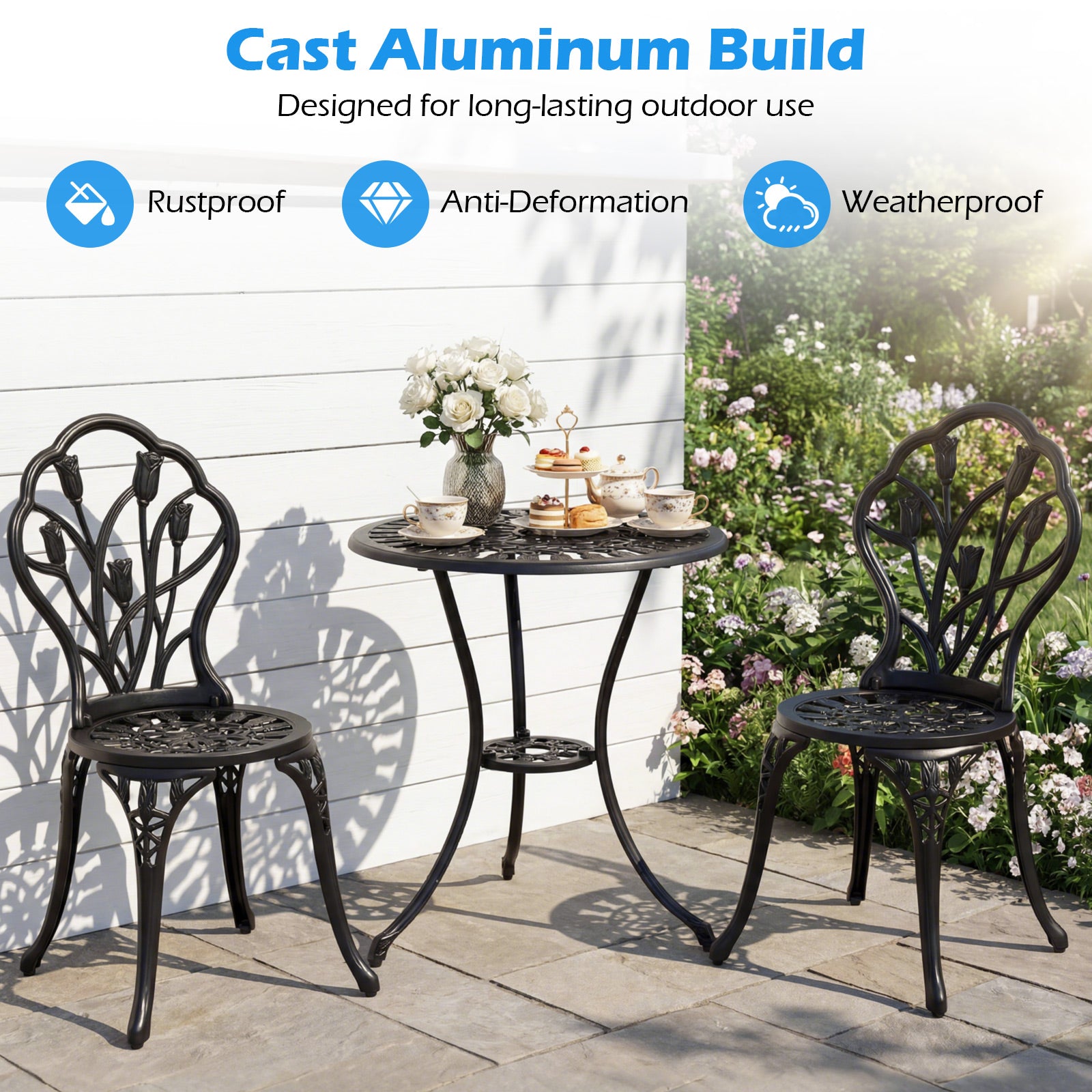 3-Piece Cast Aluminum Bistro Set Patio All-Weather Table and Chairs with Umbrella Hole-Black
