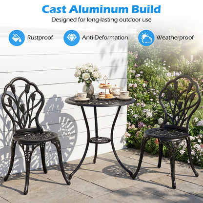 3-Piece Cast Aluminum Bistro Set Patio All-Weather Table and Chairs with Umbrella Hole-Black
