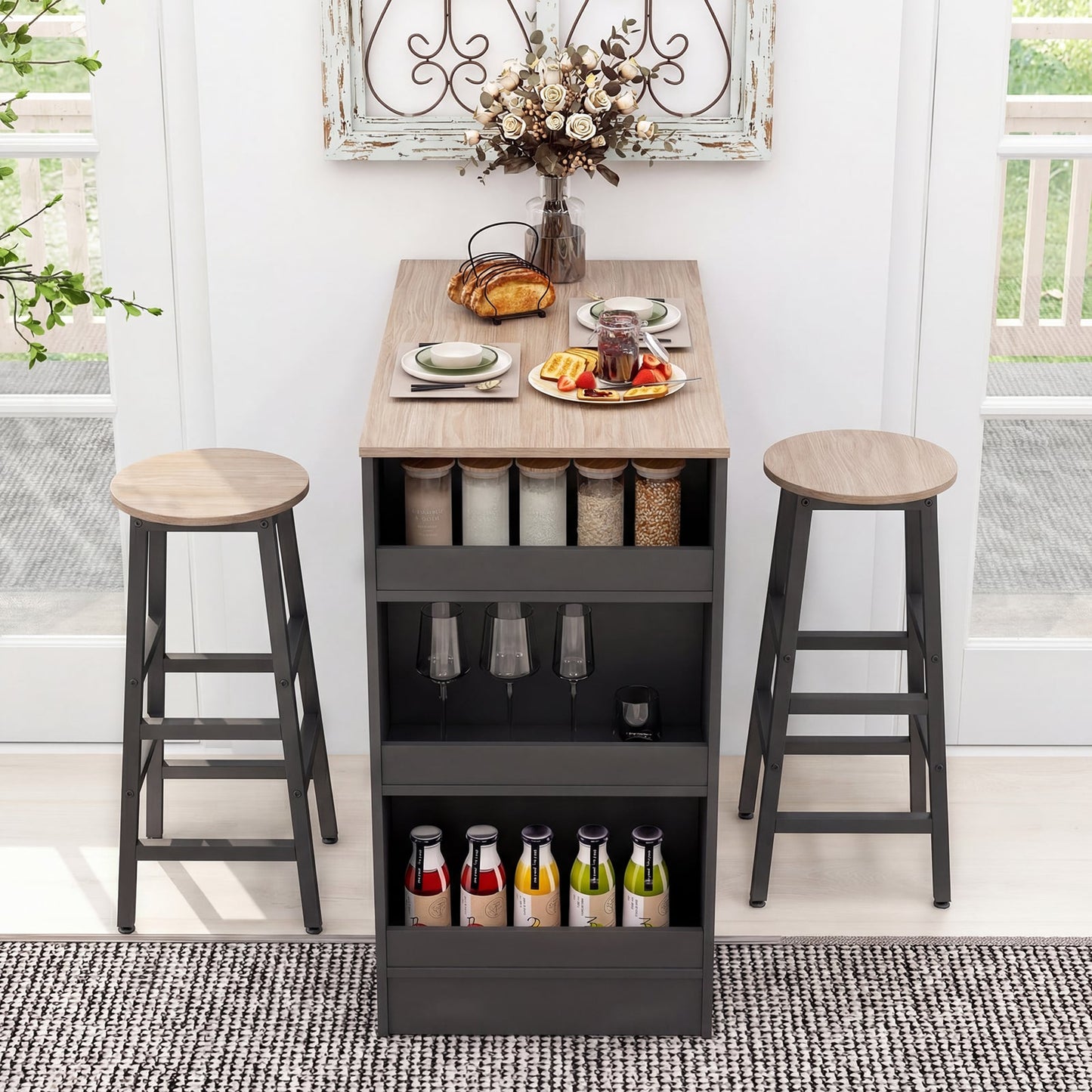 3-Piece Dining Table Set 91 cm Counter Height Bistro Table with 3 Storage Shelves-Rustic Brown