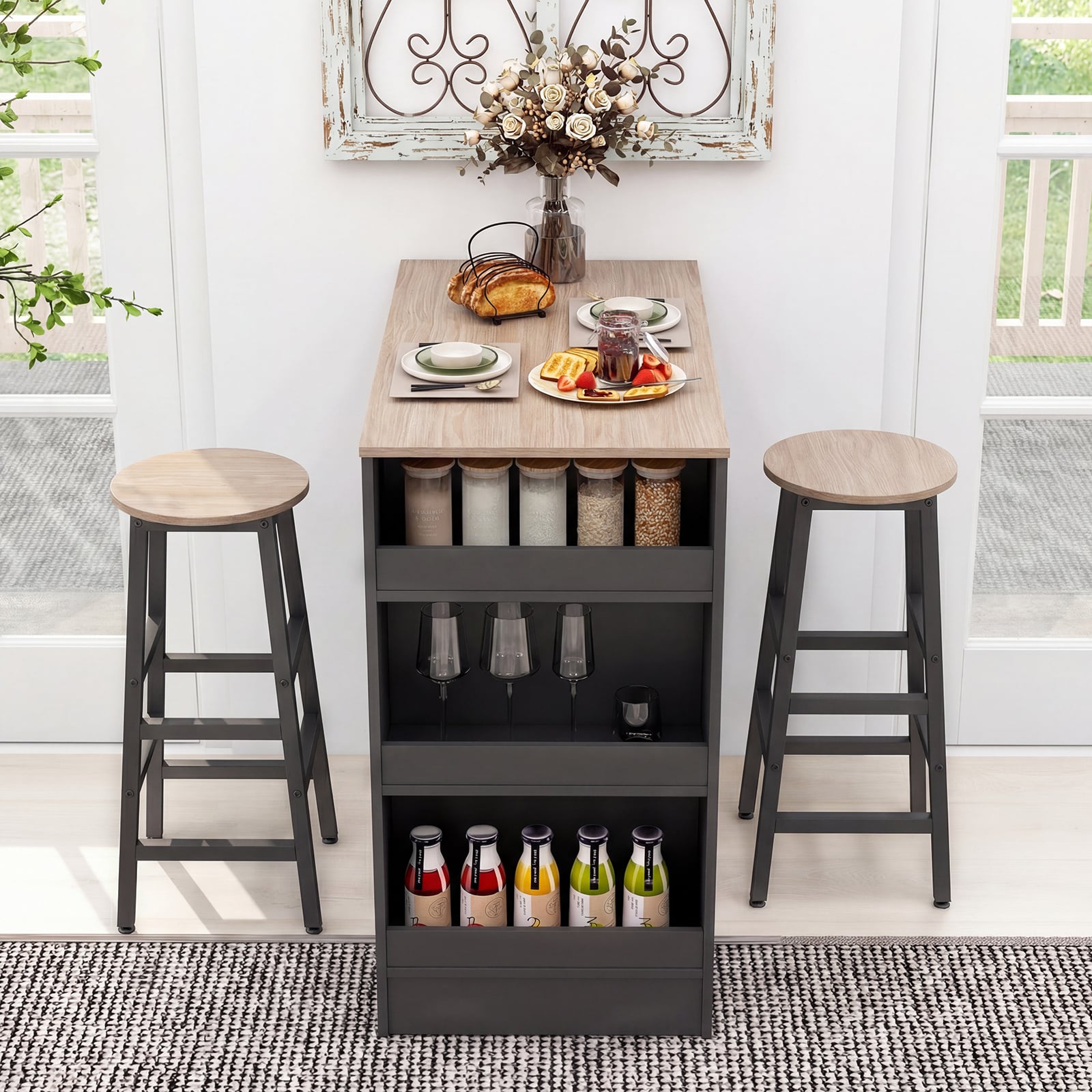 3-Piece Dining Table Set 91 cm Counter Height Bistro Table with 3 Storage Shelves-Rustic Brown