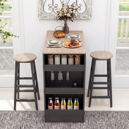 3-Piece Dining Table Set 91 cm Counter Height Bistro Table with 3 Storage Shelves-Rustic Brown