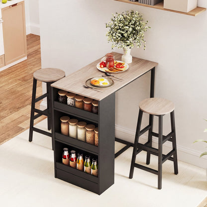 3-Piece Dining Table Set 91 cm Counter Height Bistro Table with 3 Storage Shelves-Rustic Brown