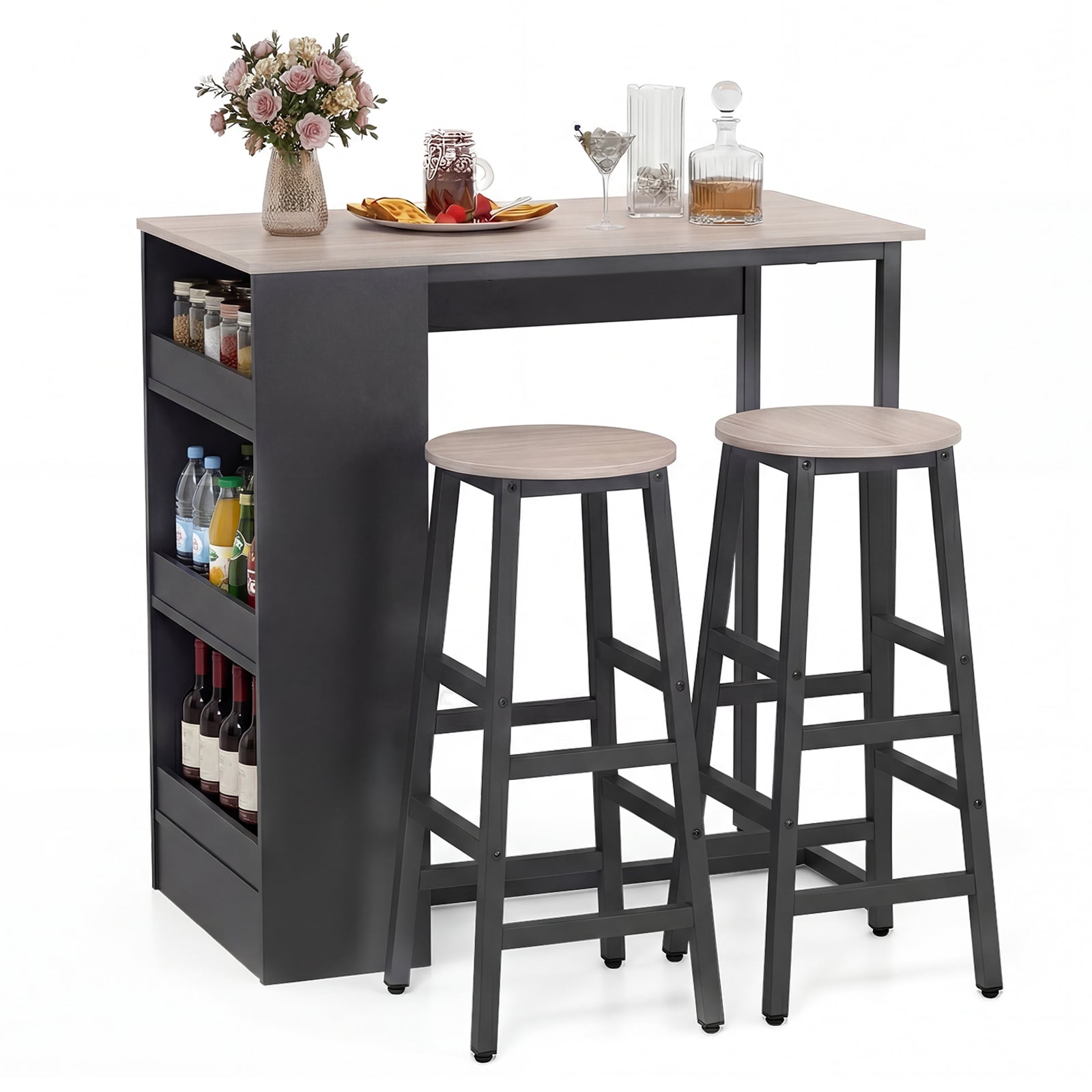 3-Piece Dining Table Set 91 cm Counter Height Bistro Table with 3 Storage Shelves-Rustic Brown