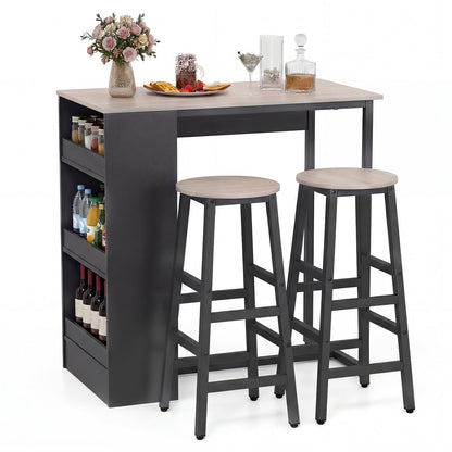 3-Piece Dining Table Set 91 cm Counter Height Bistro Table with 3 Storage Shelves-Rustic Brown