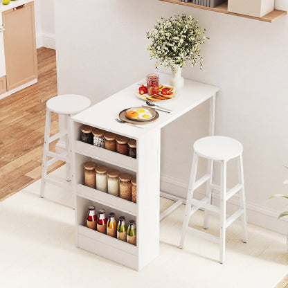 3-Piece Dining Table Set 91 cm Counter Height Bistro Table with 3 Storage Shelves-White
