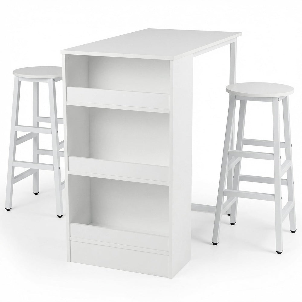 3-Piece Dining Table Set 91 cm Counter Height Bistro Table with 3 Storage Shelves-White
