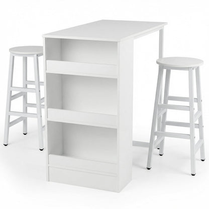 3-Piece Dining Table Set 91 cm Counter Height Bistro Table with 3 Storage Shelves-White