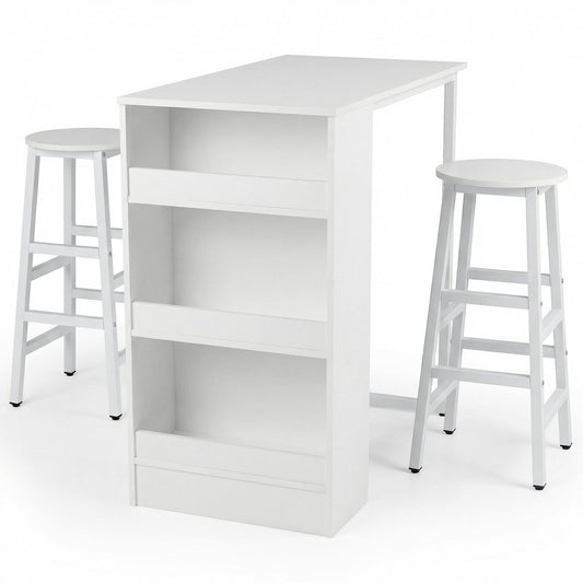 3-Piece Dining Table Set 91 cm Counter Height Bistro Table with 3 Storage Shelves-White