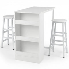3-Piece Dining Table Set 91 cm Counter Height Bistro Table with 3 Storage Shelves-White