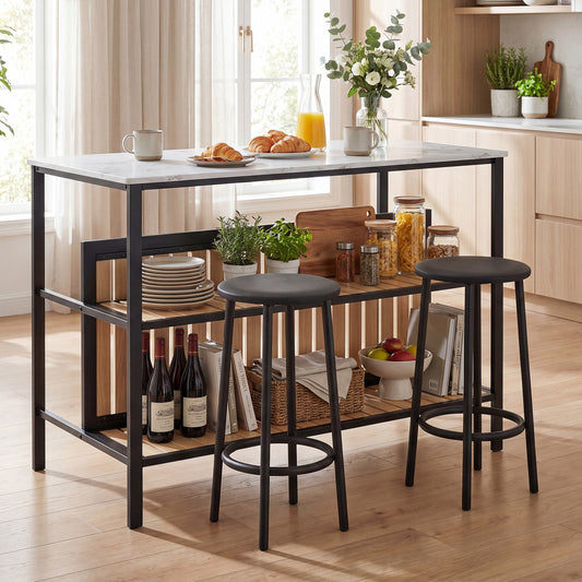 3-Piece Dining Table Set Kitchen Island and 2 Bar Stools Set with 2-Tier Storage Shelf-White