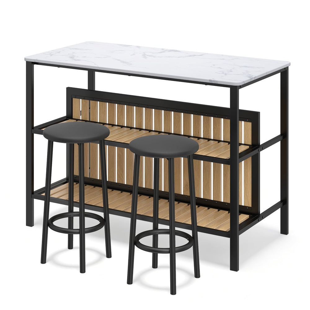 3-Piece Dining Table Set Kitchen Island and 2 Bar Stools Set with 2-Tier Storage Shelf-White