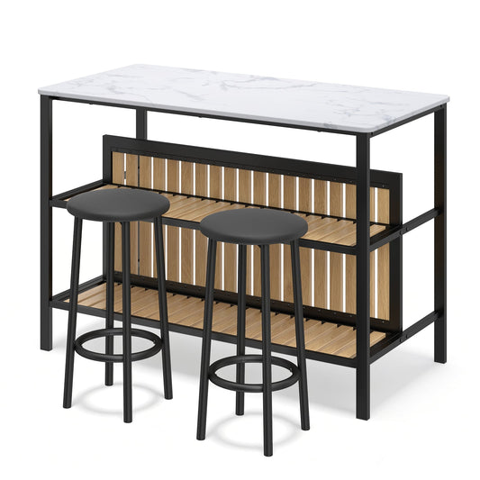 3-Piece Dining Table Set Kitchen Island and 2 Bar Stools Set with 2-Tier Storage Shelf-White