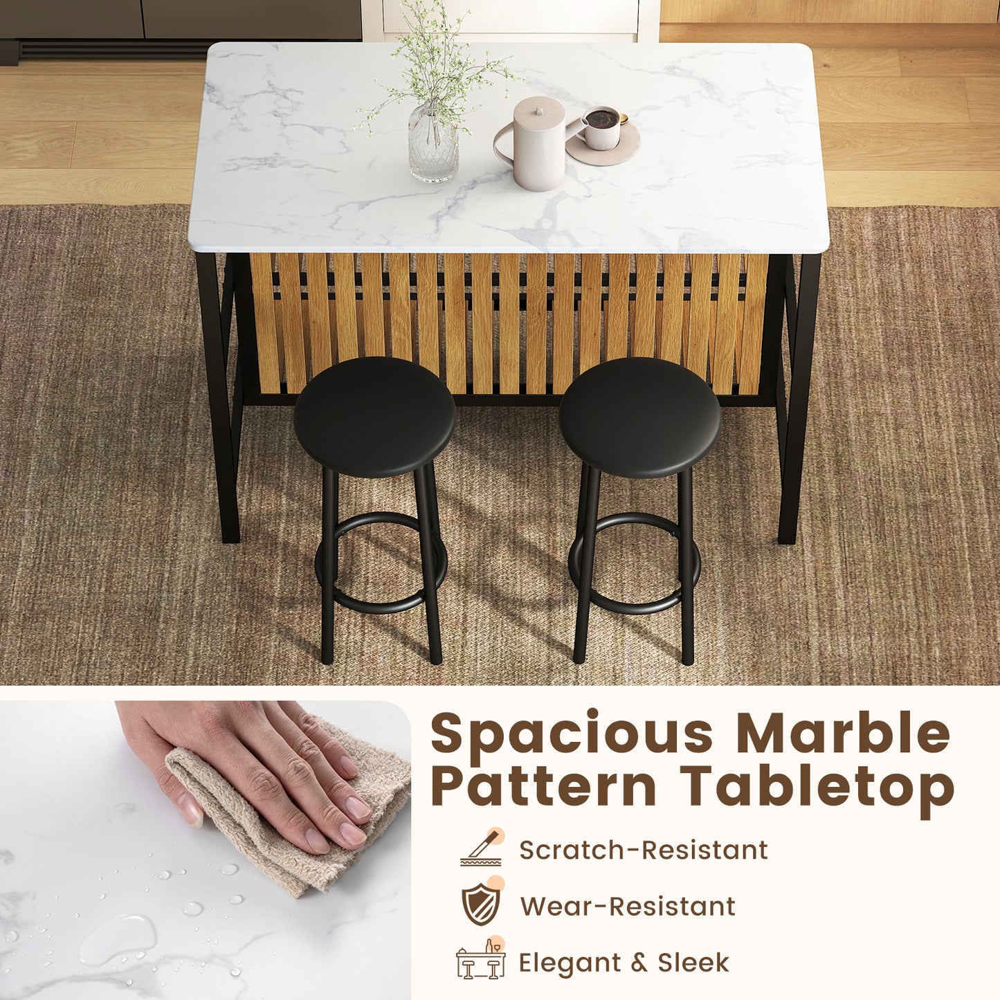 3-Piece Dining Table Set Kitchen Island and 2 Bar Stools Set with 2-Tier Storage Shelf-White