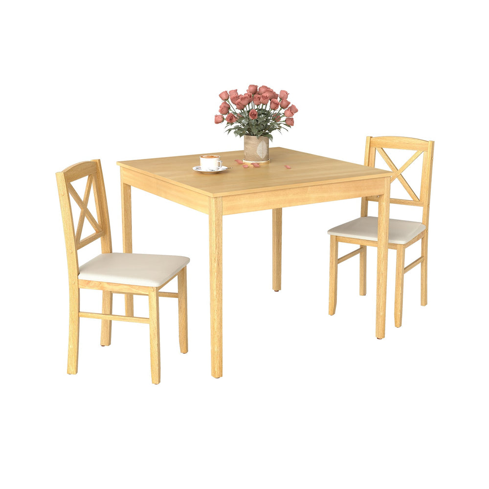 3-Piece Dining Table Set Wooden Square Kitchen Table with 2 Upholstered Chairs for 2 People-Natural