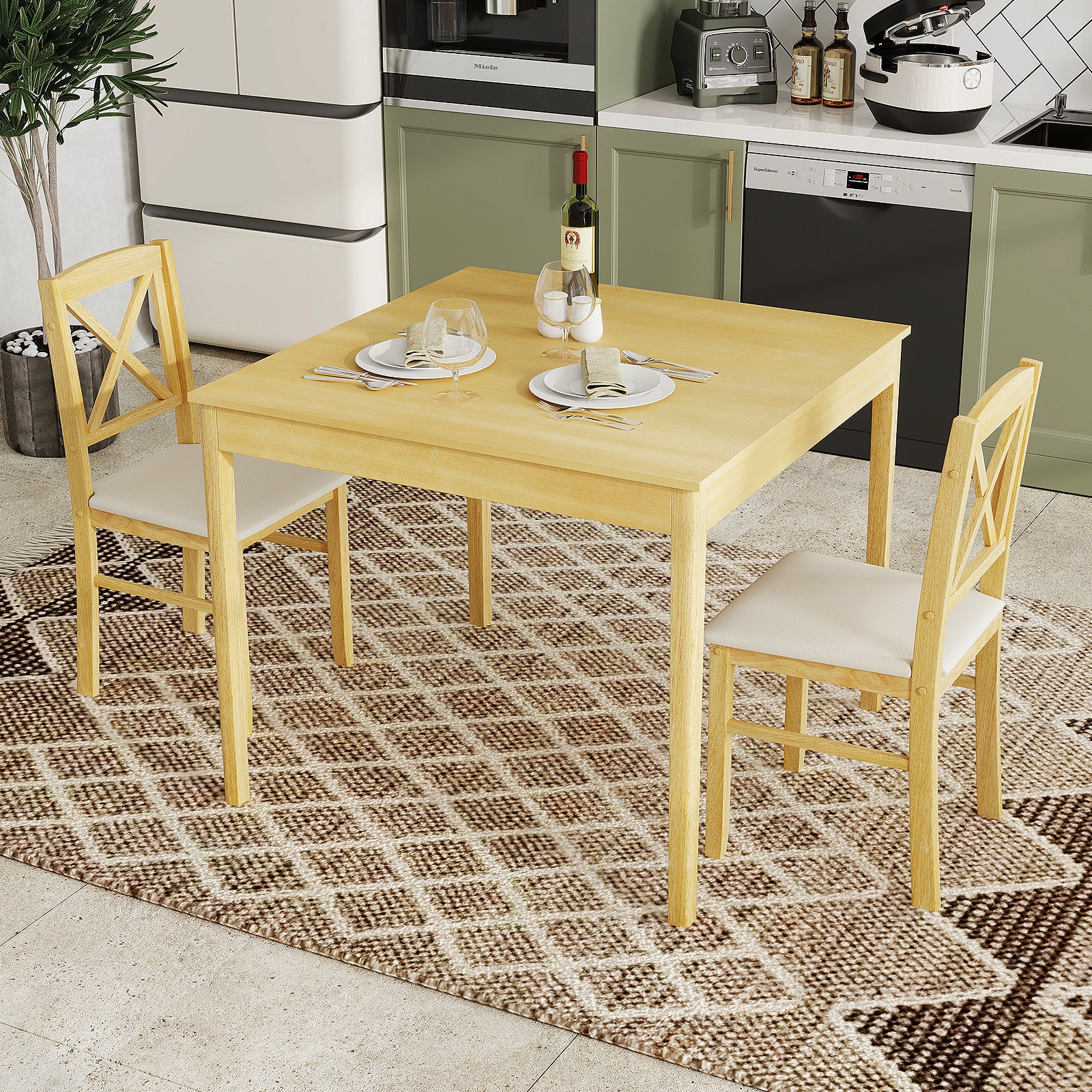 3-Piece Dining Table Set Wooden Square Kitchen Table with 2 Upholstered Chairs for 2 People-Natural