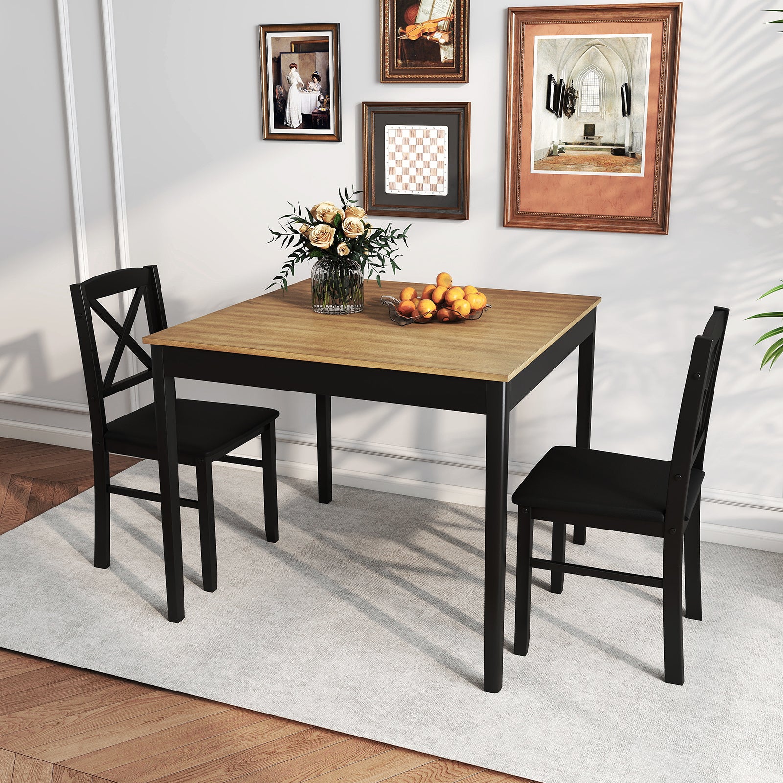 3-Piece Dining Table Set Wooden Square Kitchen Table with 2 Upholstered Chairs for 2 People-Rustic Brown