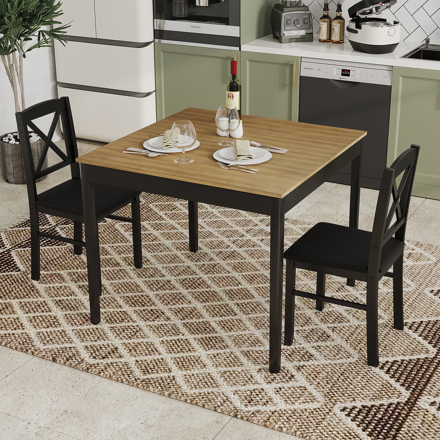 3-Piece Dining Table Set Wooden Square Kitchen Table with 2 Upholstered Chairs for 2 People-Rustic Brown