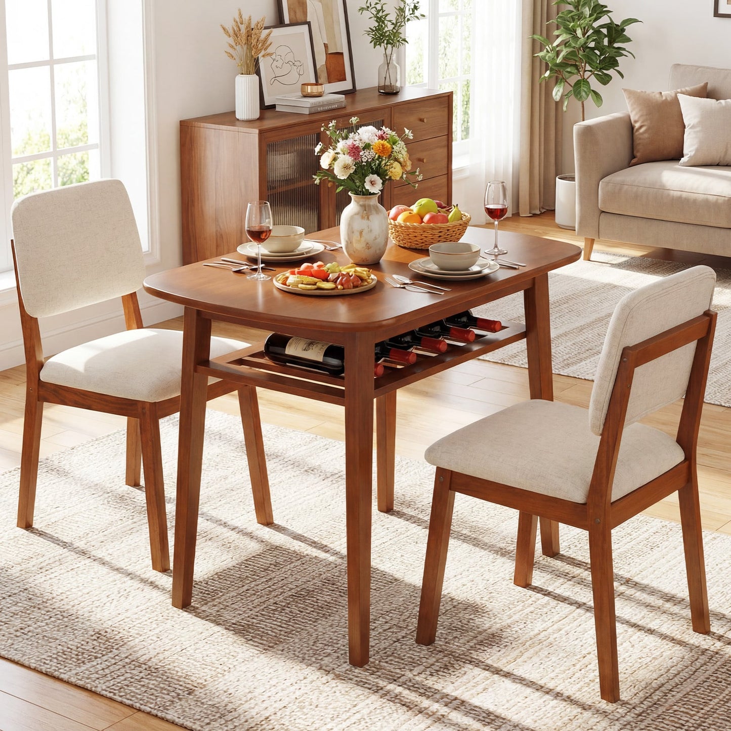 3-Piece Dining Table Set with Storage Rack for Small Spaces-Cherry