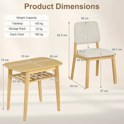 3-Piece Dining Table Set with Storage Rack for Small Spaces-Natural