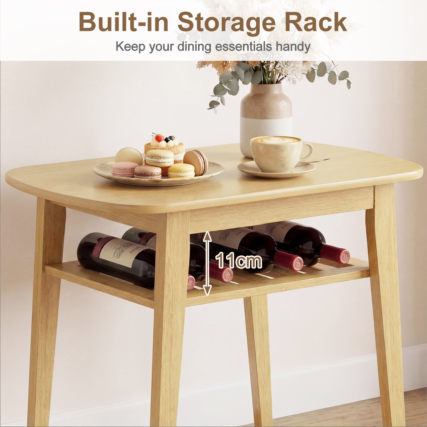 3-Piece Dining Table Set with Storage Rack for Small Spaces-Natural