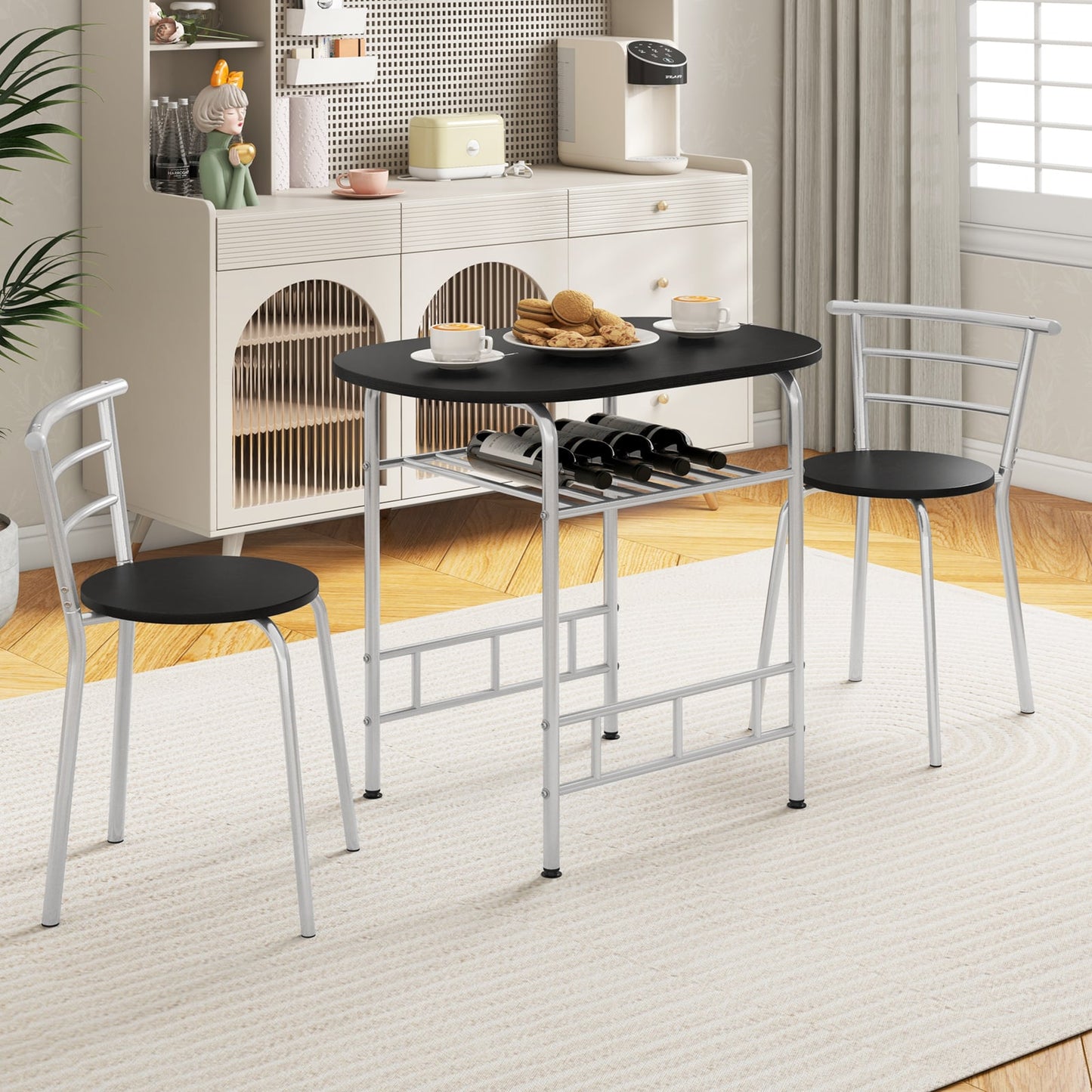 3-Piece Dining Table Set with Wood Grain Tabletop and Extra Wine Rack-Silver