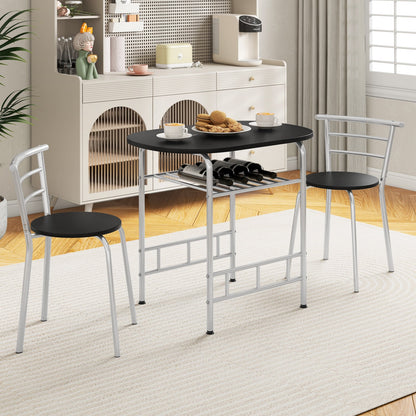 3-Piece Dining Table Set with Wood Grain Tabletop and Extra Wine Rack-Silver