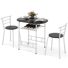 3-Piece Dining Table Set with Wood Grain Tabletop and Extra Wine Rack-Silver