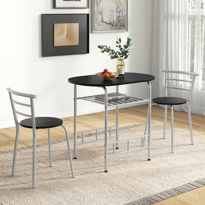 3-Piece Dining Table Set with Wood Grain Tabletop and Extra Wine Rack-Silver