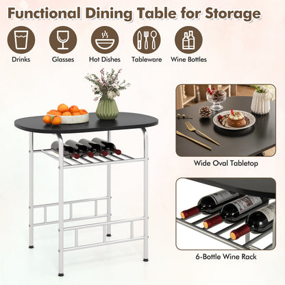 3-Piece Dining Table Set with Wood Grain Tabletop and Extra Wine Rack-Silver