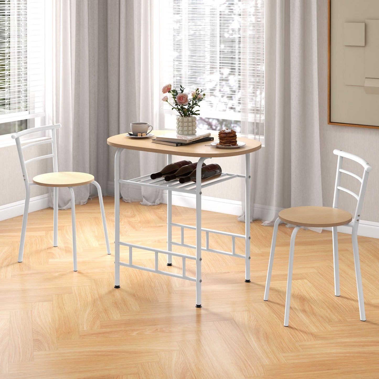 3-Piece Dining Table Set with Wood Grain Tabletop and Extra Wine Rack-White