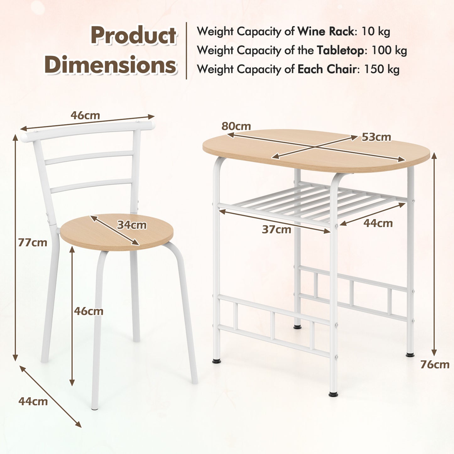 3-Piece Dining Table Set with Wood Grain Tabletop and Extra Wine Rack-White