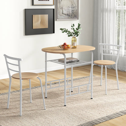 3-Piece Dining Table Set with Wood Grain Tabletop and Extra Wine Rack-White