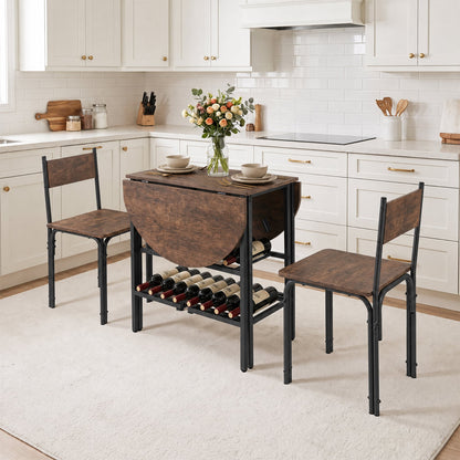 3-Piece Drop Leaf Dining Table Set with 2 Chairs and 2-Tier Storage Shelves for Kitchen-Rustic Brown