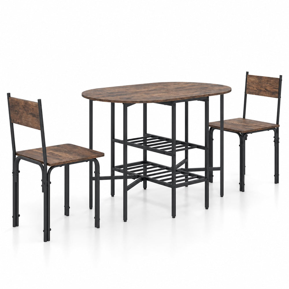 3-Piece Drop Leaf Dining Table Set with 2 Chairs and 2-Tier Storage Shelves for Kitchen-Rustic Brown