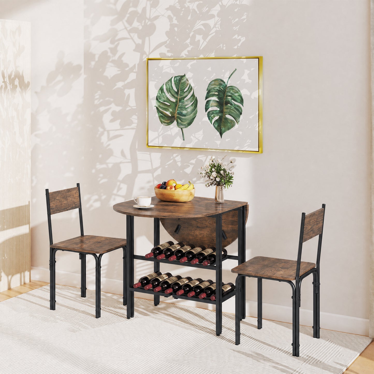3-Piece Drop Leaf Dining Table Set with 2 Chairs and 2-Tier Storage Shelves for Kitchen-Rustic Brown