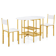 3-Piece Drop Leaf Dining Table Set with 2 Chairs and 2-Tier Storage Shelves for Kitchen-White