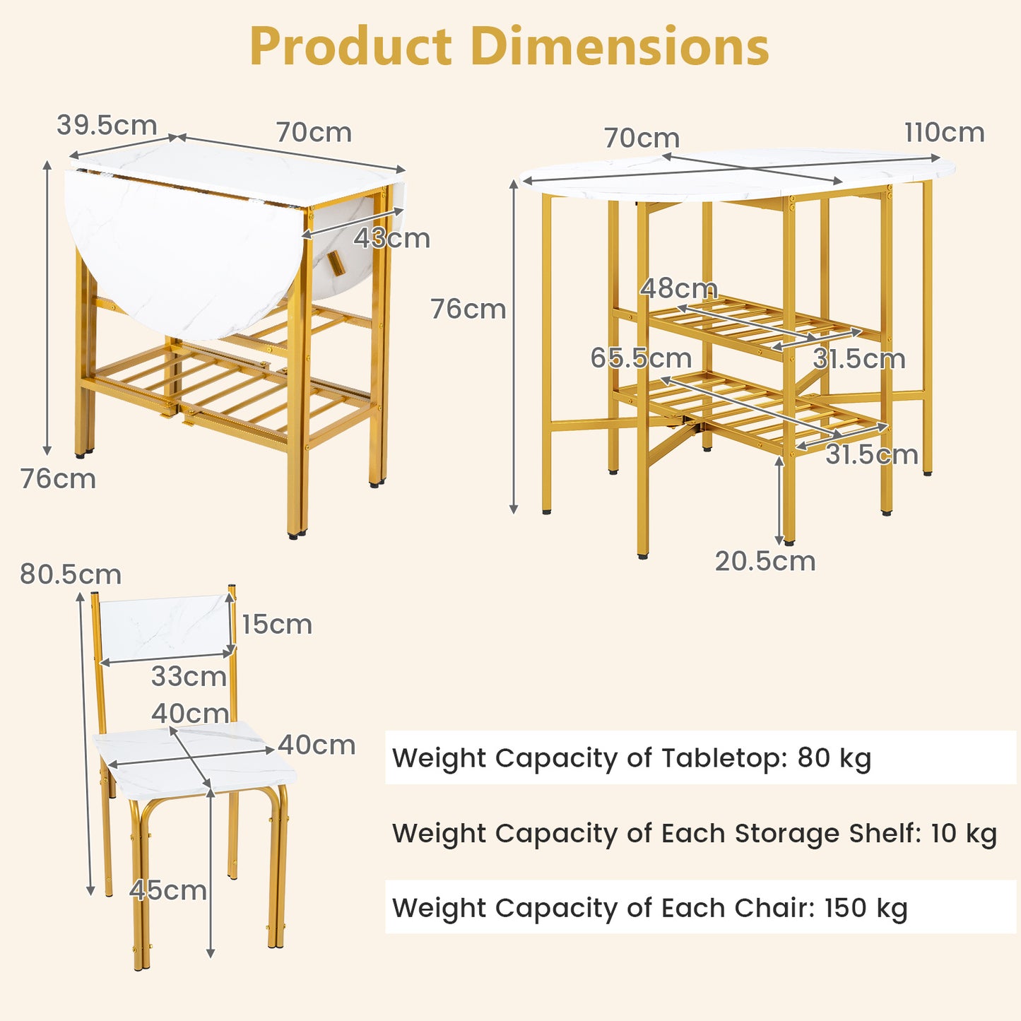 3-Piece Drop Leaf Dining Table Set with 2 Chairs and 2-Tier Storage Shelves for Kitchen-White