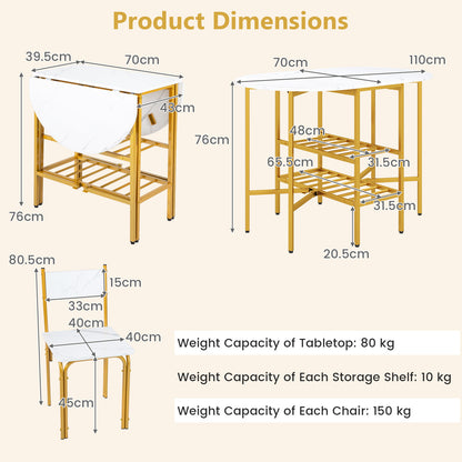 3-Piece Drop Leaf Dining Table Set with 2 Chairs and 2-Tier Storage Shelves for Kitchen-White