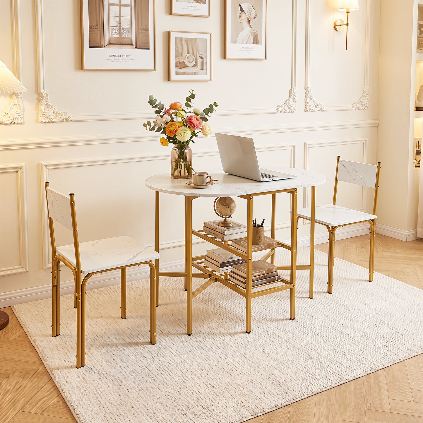 3-Piece Drop Leaf Dining Table Set with 2 Chairs and 2-Tier Storage Shelves for Kitchen-White