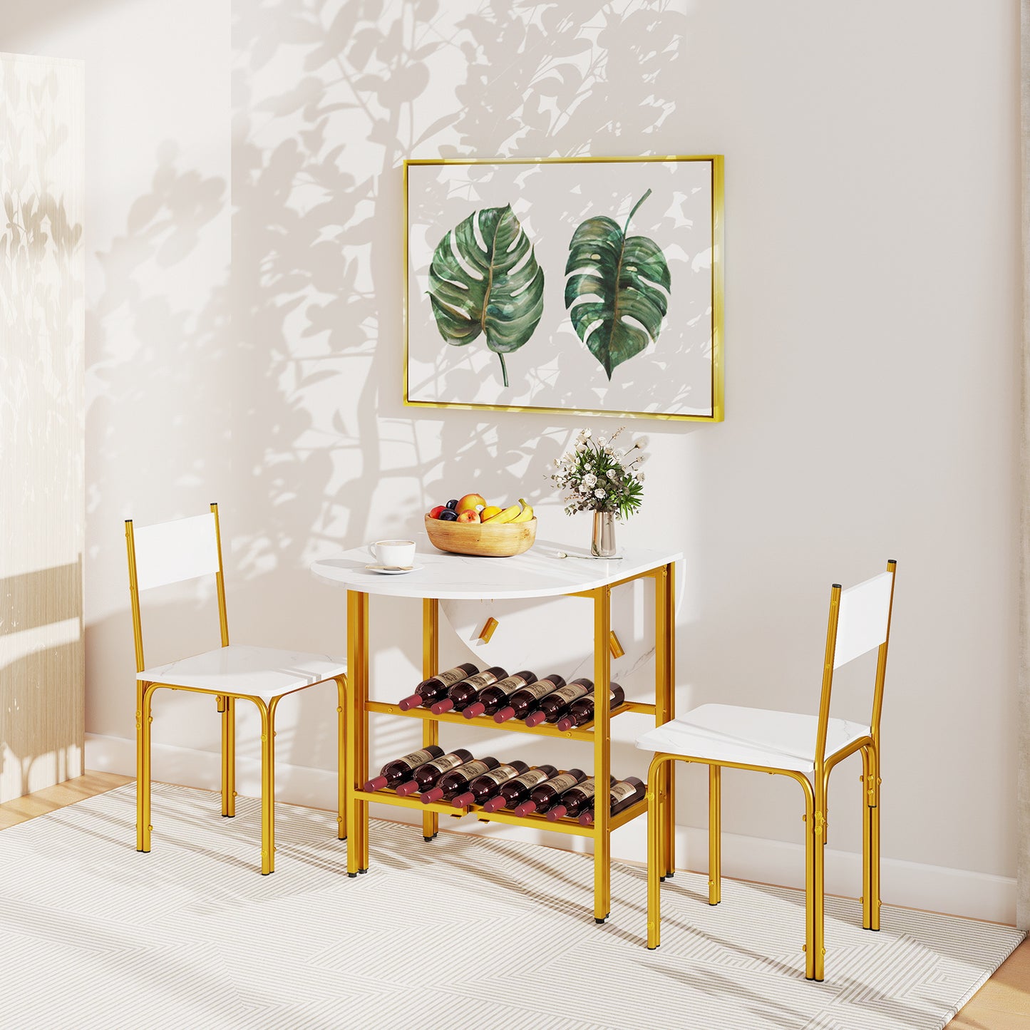 3-Piece Drop Leaf Dining Table Set with 2 Chairs and 2-Tier Storage Shelves for Kitchen-White