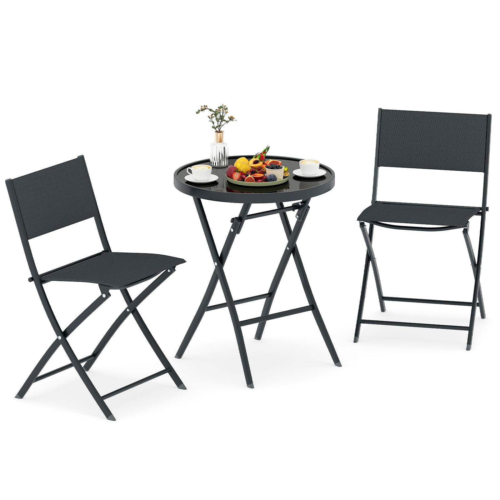 3 Piece Folding Bistro Set Patio Dining Furniture with Breathable Fabric Seat